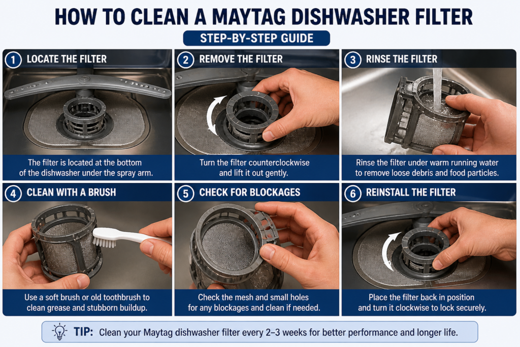 how to clean a Maytag dishwasher filter step by step guide